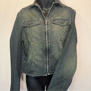 Kathleen Madden zip-up denim jean jacket with leather detail 🔥 small